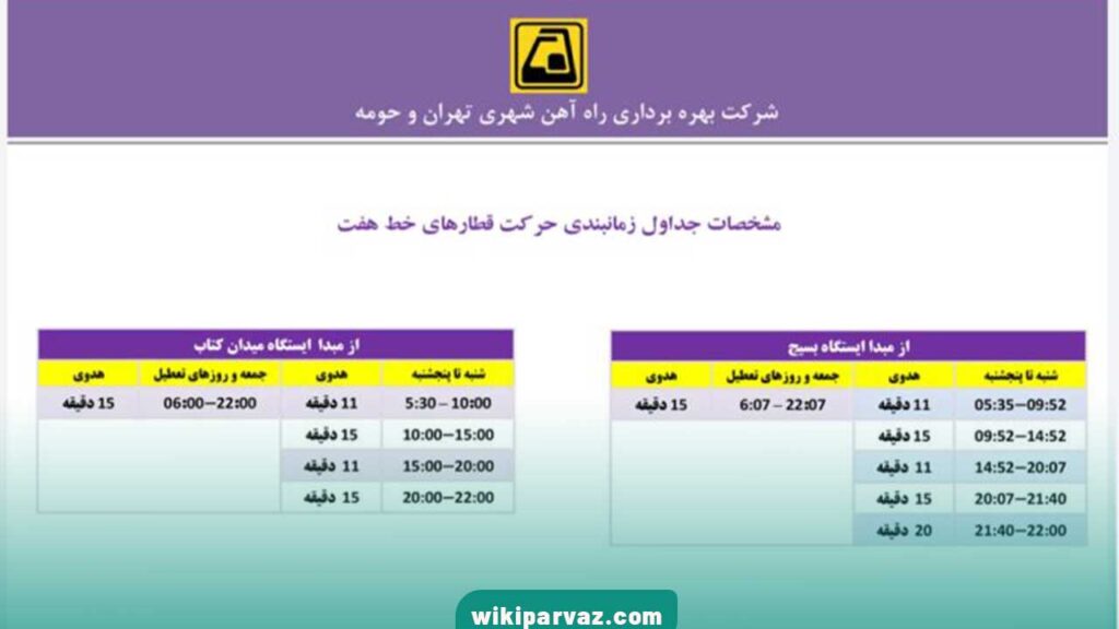 جدول زمان بندی حرکت خط 7 مترو تهران 1403