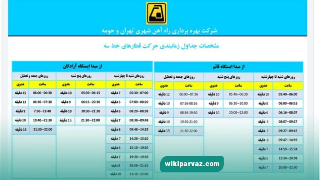 جدول زمان بندی حرکت خط 3 مترو تهران 1403