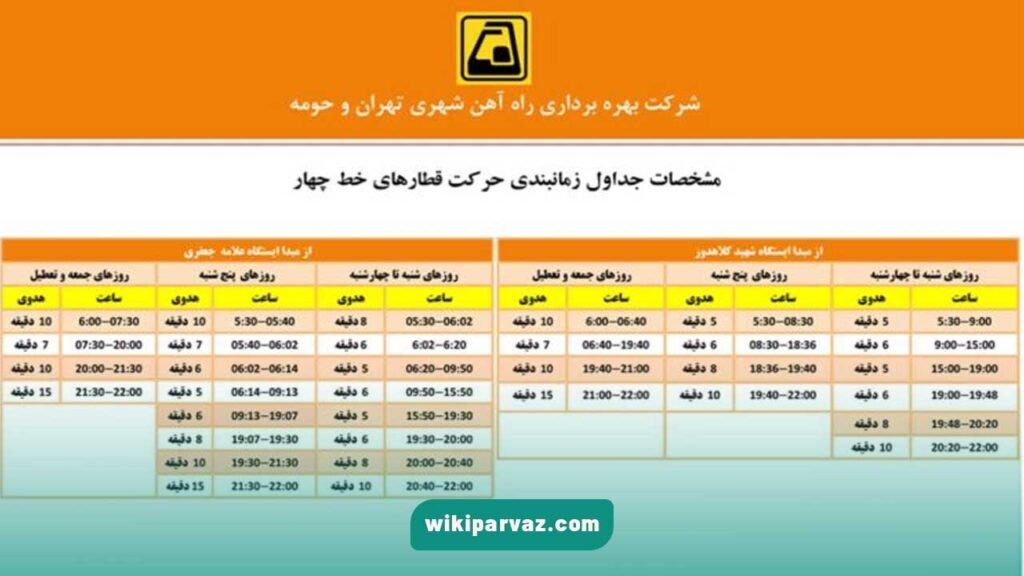 جدول زمان بندی حرکت خط 4 مترو تهران 1403