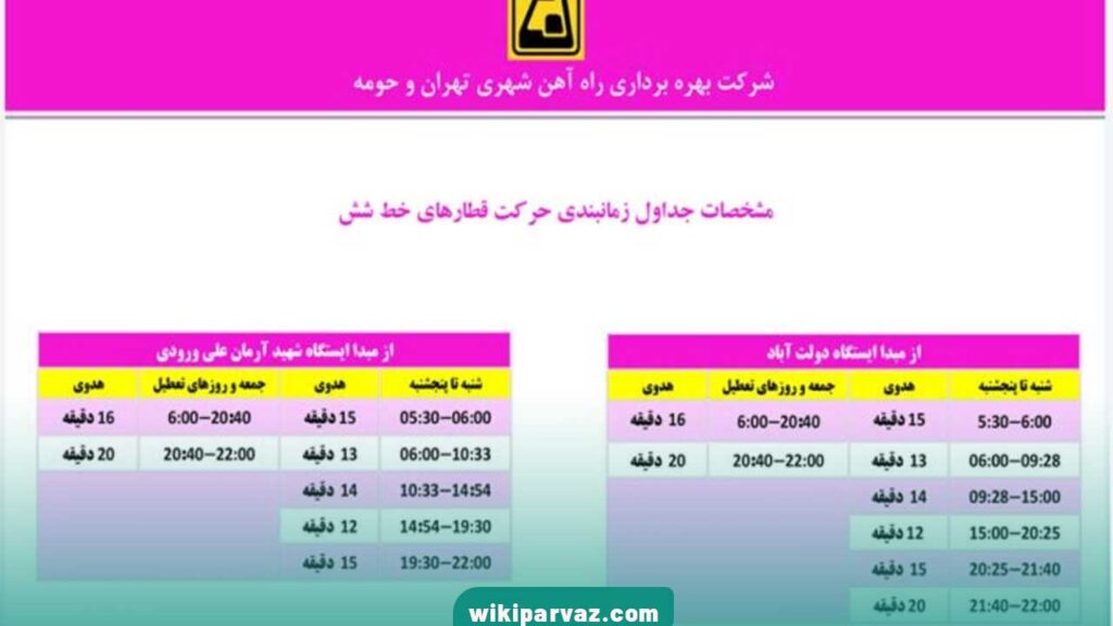 جدول زمان بندی حرکت خط 6 مترو تهران 1403